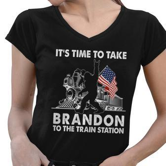 Its Time To Take Brandon To The Train Station Bigfoot Usa Flag Women V-Neck T-Shirt - Monsterry AU