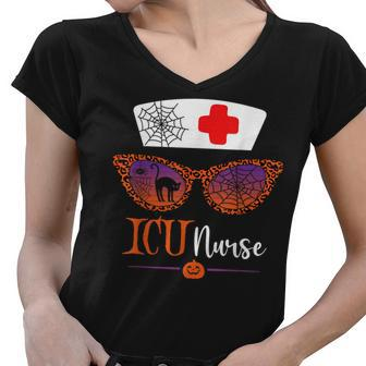 Jack O Lantern Leopard Pumpkin Nurse Halloween Sunglasses Women V-Neck T-Shirt - Seseable
