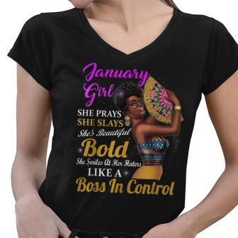 January Capricorn Birthday Gift Melanin Afro Queen Womens Women V-Neck T-Shirt - Seseable