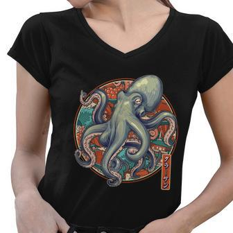 Japanese Kracken Octopus Monster Women V-Neck T-Shirt - Monsterry CA