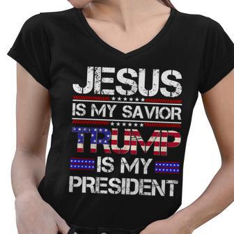 Jesus Is My Savior Trump Is My President Christian Women V-Neck T-Shirt - Monsterry DE