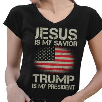 Jesus Is My Savior Trump Is My President Tshirt Women V-Neck T-Shirt - Monsterry AU