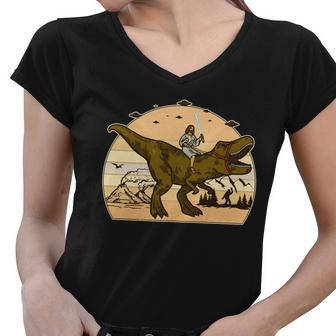 Jesus Riding T-Rex Dinosaur Funny Vintage Women V-Neck T-Shirt - Monsterry