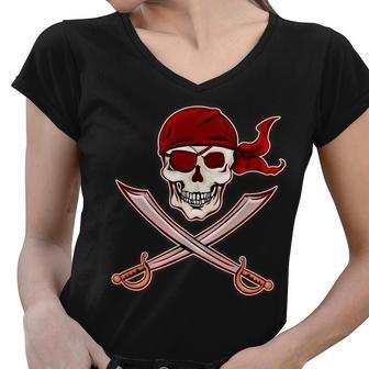 Jolly Roger Pirate Skull Flag Logo Tshirt Women V-Neck T-Shirt - Monsterry
