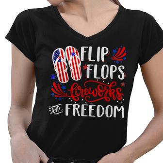 July 4Th Flip Flops Fireworks & Freedom 4Th Of July Party V2 Women V-Neck T-Shirt - Seseable