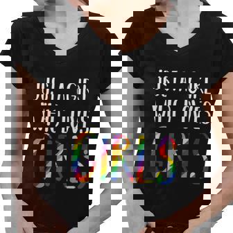 Just A Girl Who Loves Girls Gift Rainbow Lesbian Lgbt Pride Gift Graphic Design Printed Casual Daily Basic Women V-Neck T-Shirt - Thegiftio