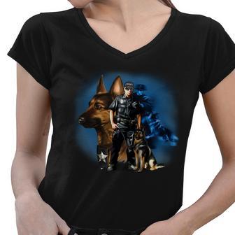 K-9 With Police Officer Silhouette Women V-Neck T-Shirt - Monsterry AU