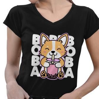 Kawaii Boba Cute Anime Dog Corgi Kawaii Tea Drjnk Dark Women V-Neck T-Shirt - Monsterry UK