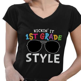 Kickin It 1St Grade Glassess Back To School First Day Of School Women V-Neck T-Shirt - Monsterry