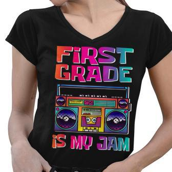Kids 1St Grade Is My Jam Vintage 80S Boombox Teacher Student Women V-Neck T-Shirt - Seseable