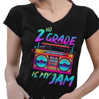 Kids 2Nd Grade Is My Jam Vintage 80S Boombox Teacher Student Women V-Neck T-Shirt - Seseable