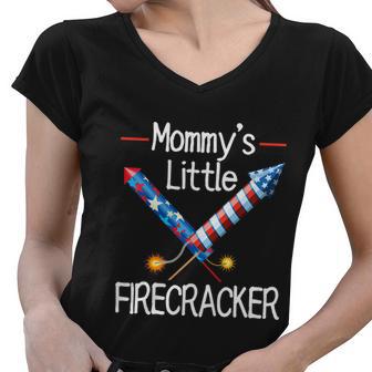 Kids Mommys Little Firecracker Cute 4Th Of July Toddlers Kids Women V-Neck T-Shirt - Monsterry