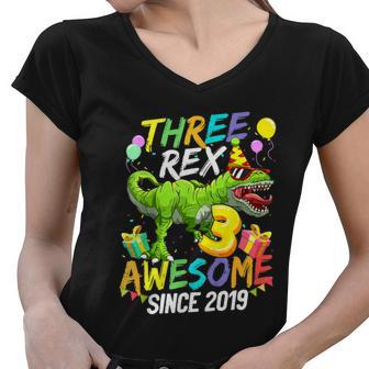 Kids Three Rex Awesome Since 2019 Funny Birthday Boys Kids Women V-Neck T-Shirt - Thegiftio UK