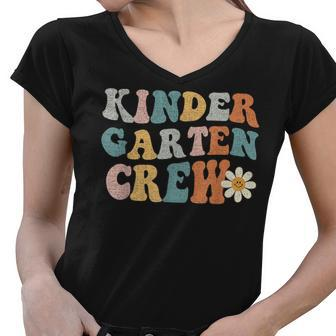 Kindergarten Crew Retro Groovy Vintage First Day Of School Women V-Neck T-Shirt - Thegiftio UK