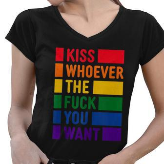 Kiss Whoever The Fuck You Want Lgbt Rainbow Pride Flag Women V-Neck T-Shirt - Monsterry