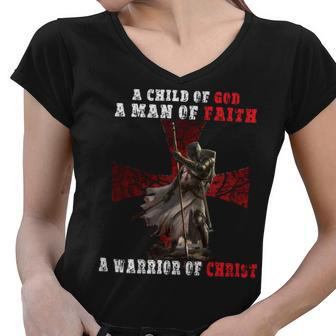 Knight Templar T Shirt - A Child Of God A Man Of Faith A Warrior Of Christ - Knight Templar Store Women V-Neck T-Shirt - Seseable
