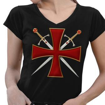 Knight Templar T Shirt-Cross And Sword Templar-Knight Templar Store Women V-Neck T-Shirt - Seseable