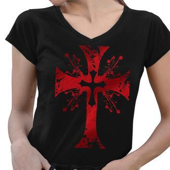 Knight Templar T Shirt - The Warrior Of God Bloodstained Cross - Knight Templar Store Women V-Neck T-Shirt - Seseable