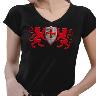 Knights Templar T Shirt - Two Lions And The Knights Shield Women V-Neck T-Shirt - Seseable