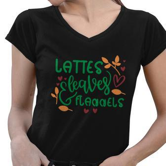 Lattes Leaves Flannels Thanksgiving Quote Women V-Neck T-Shirt - Monsterry CA
