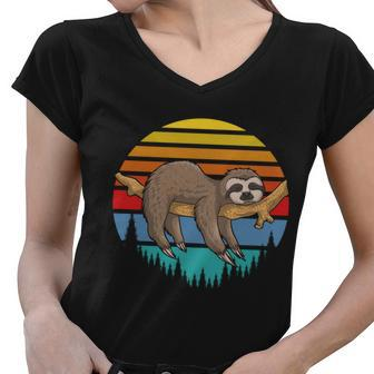 Lazy Sloth Retro Sunset Tshirt Women V-Neck T-Shirt - Monsterry DE