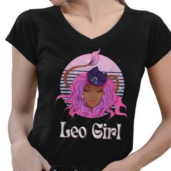 Leo Girl African American Kawaii Zodiac August Birthday Leo Women V-Neck T-Shirt - Seseable