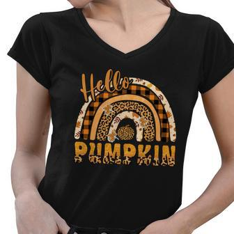 Leopard Plaid Autumn Hello Pumpkin Fall Rainbow Women V-Neck T-Shirt - Seseable