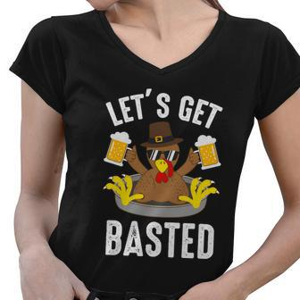 Lets Get Basted Funny Thanksgiving Basted Thanksgiving Turkey Women V-Neck T-Shirt - Thegiftio UK