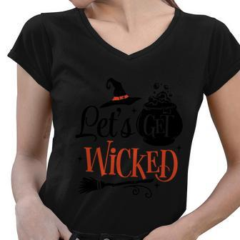 Lets Get Wicked Halloween Quote Women V-Neck T-Shirt - Monsterry