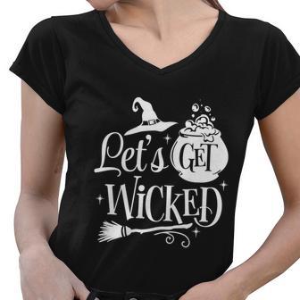 Lets Get Wicked Halloween Quote Women V-Neck T-Shirt - Monsterry