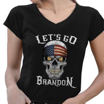 Lets Go Brandon Skull Head American Flag Conservative Tshirt Women V-Neck T-Shirt - Monsterry