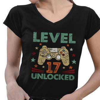 Level 17 Unlocked 2005 Birthday Gift 17 Graphic Design Printed Casual Daily Basic Women V-Neck T-Shirt - Thegiftio UK