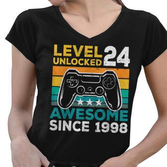 Level 24 Unlocked Awesome 1998 24Th Birthday Man Video Game V2 Women V-Neck T-Shirt - Seseable