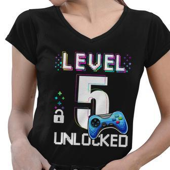 Level 5 Unlocked Video Game 5Th Birthday Boy Gamer Graphic Design Printed Casual Daily Basic Women V-Neck T-Shirt - Thegiftio UK