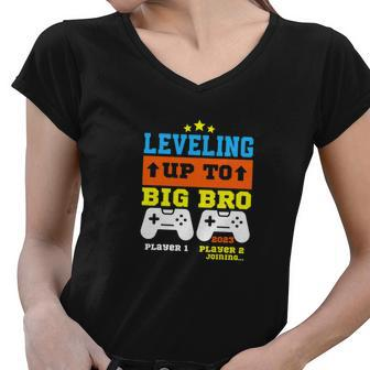Leveling Up To Big Bro 2023 Pregnancy Announcement Funny Women V-Neck T-Shirt - Monsterry