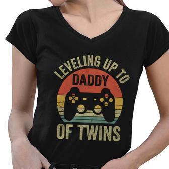 Leveling Up To Daddy Of Twins Expecting Dad Video Gamer Gift Women V-Neck T-Shirt - Thegiftio UK