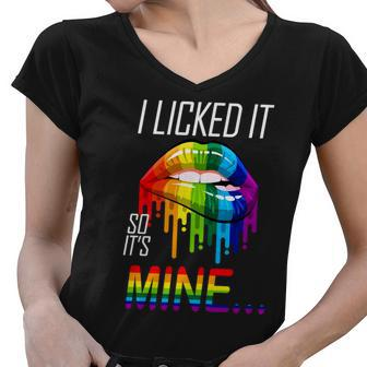 Lgbt I Licked It So Its Mine Gay Pride Lips Women V-Neck T-Shirt - Monsterry