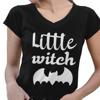 Little Witch Bat Funny Halloween Quote Women V-Neck T-Shirt - Monsterry