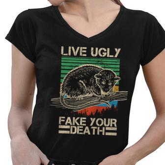 Live Ugly Fake Your Death Retro Vintage Opossum Women V-Neck T-Shirt - Monsterry UK