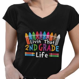 Livin That 2Nd Grade Life Cray On Back To School First Day Of School Women V-Neck T-Shirt - Monsterry DE