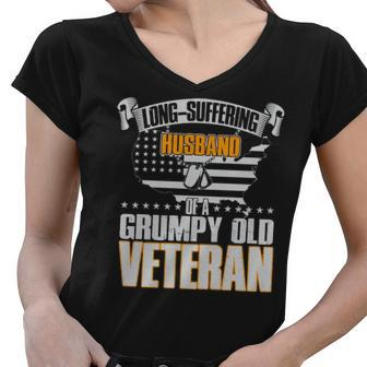 Long Suffering Husband Of A Grumpy Old Veteran Women V-Neck T-Shirt - Thegiftio UK