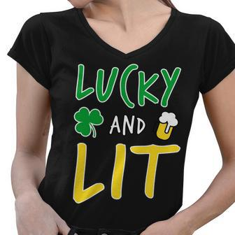 Lucky And Lit St Patricks Day Graphic Design Printed Casual Daily Basic Women V-Neck T-Shirt - Thegiftio UK