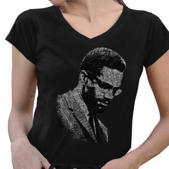 Malcolm X Black And White Portrait Women V-Neck T-Shirt - Monsterry