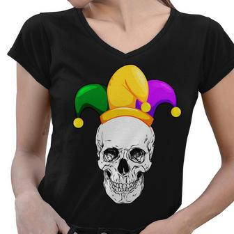 Mardi Gras Skull Parade Jester Graphic Design Printed Casual Daily Basic Women V-Neck T-Shirt - Thegiftio UK