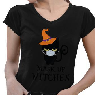 Mask Up Witches Cat Halloween Quote Women V-Neck T-Shirt - Monsterry AU