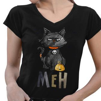 Meh Cat Black Funny For Women Funny Halloween Women V-Neck T-Shirt - Seseable