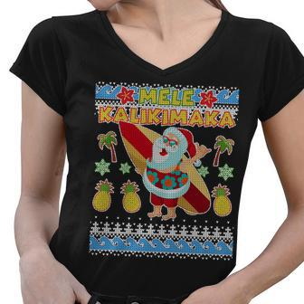 Mele Kalikimaka Santa Ugly Christmas Hawaiian Women V-Neck T-Shirt - Monsterry UK