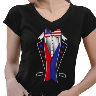 Mens 4Th Of July Tuxedo Costume Bow Tie American Flag Usa Women V-Neck T-Shirt - Monsterry