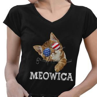 Meowica American Flag Cool Joke Cat Sunglusses 4Th Of July Women V-Neck T-Shirt - Monsterry