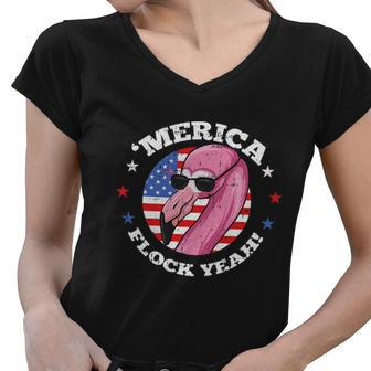Merica 4Th Of July Flamingo Flock Patriotic American Flag Women V-Neck T-Shirt - Monsterry
